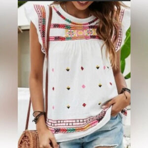 ARK NC .BOHO RUFFLE SLEEVE EMBROIDERED SUMMER BEACH BABYDOLL TOP SIZE SMALL